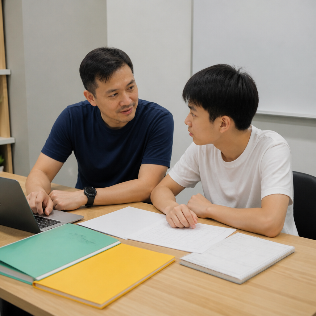 A parent and O-Level student discuss tuition support and revision planning in Singapore.