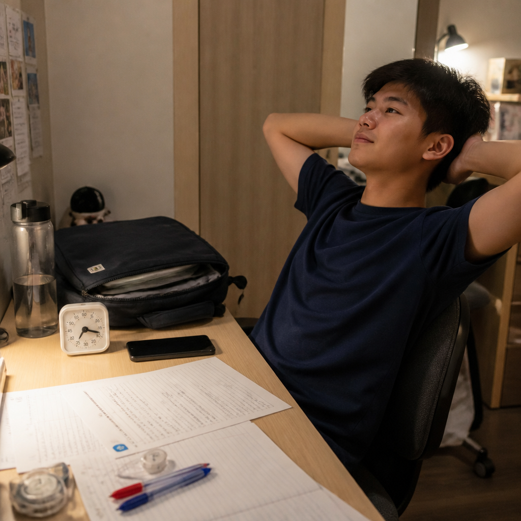 A Singapore student taking a planned break beside revision materials, showing that being busy and using time well are not the same thing.