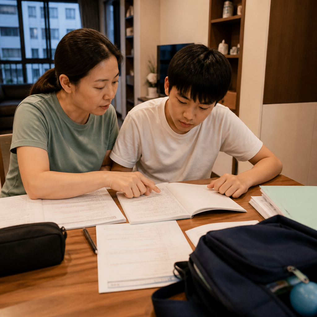 A parent and secondary school student planning O Level English revision at home in Singapore.