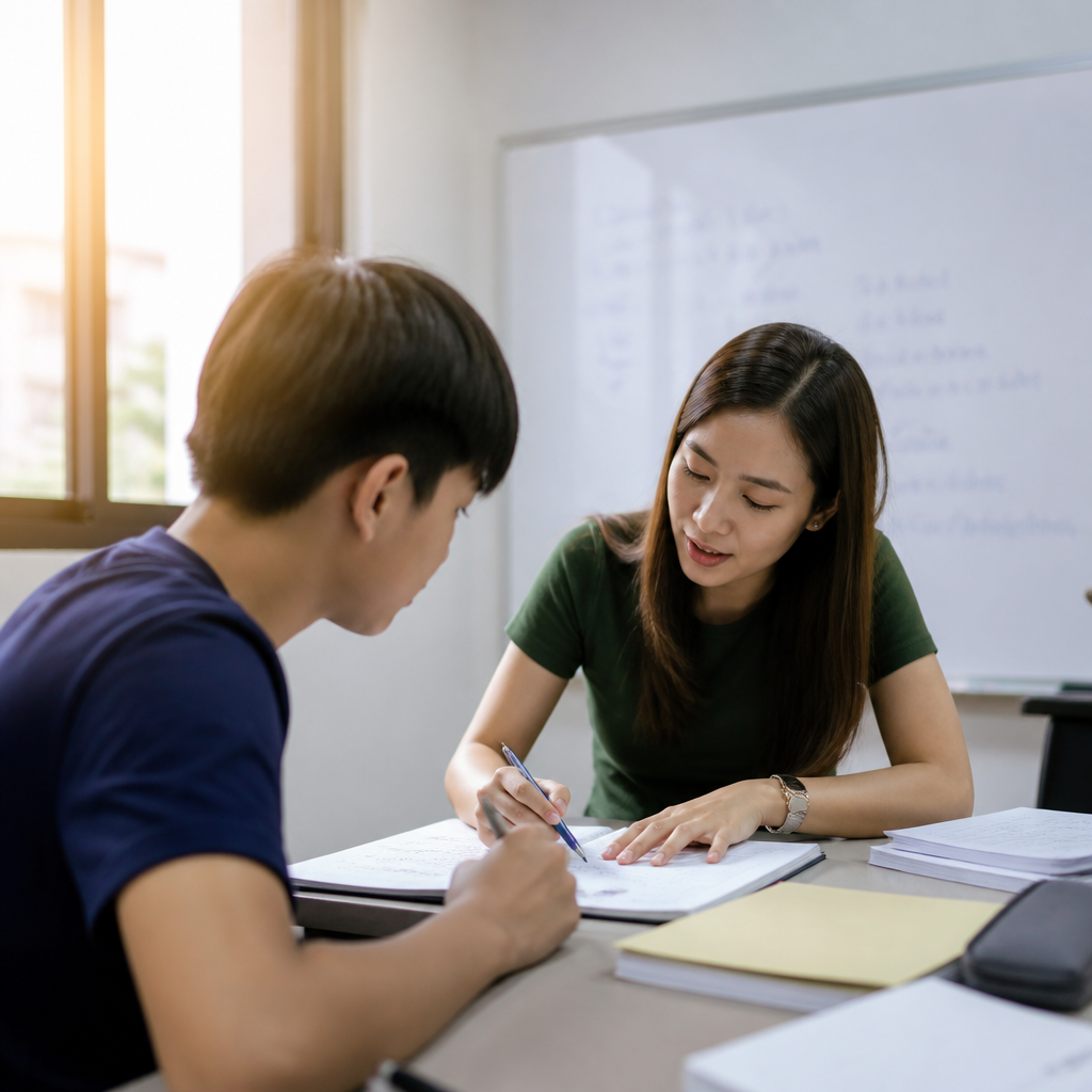 A tutor helping a secondary student with O Level English revision in a Singapore learning environment.