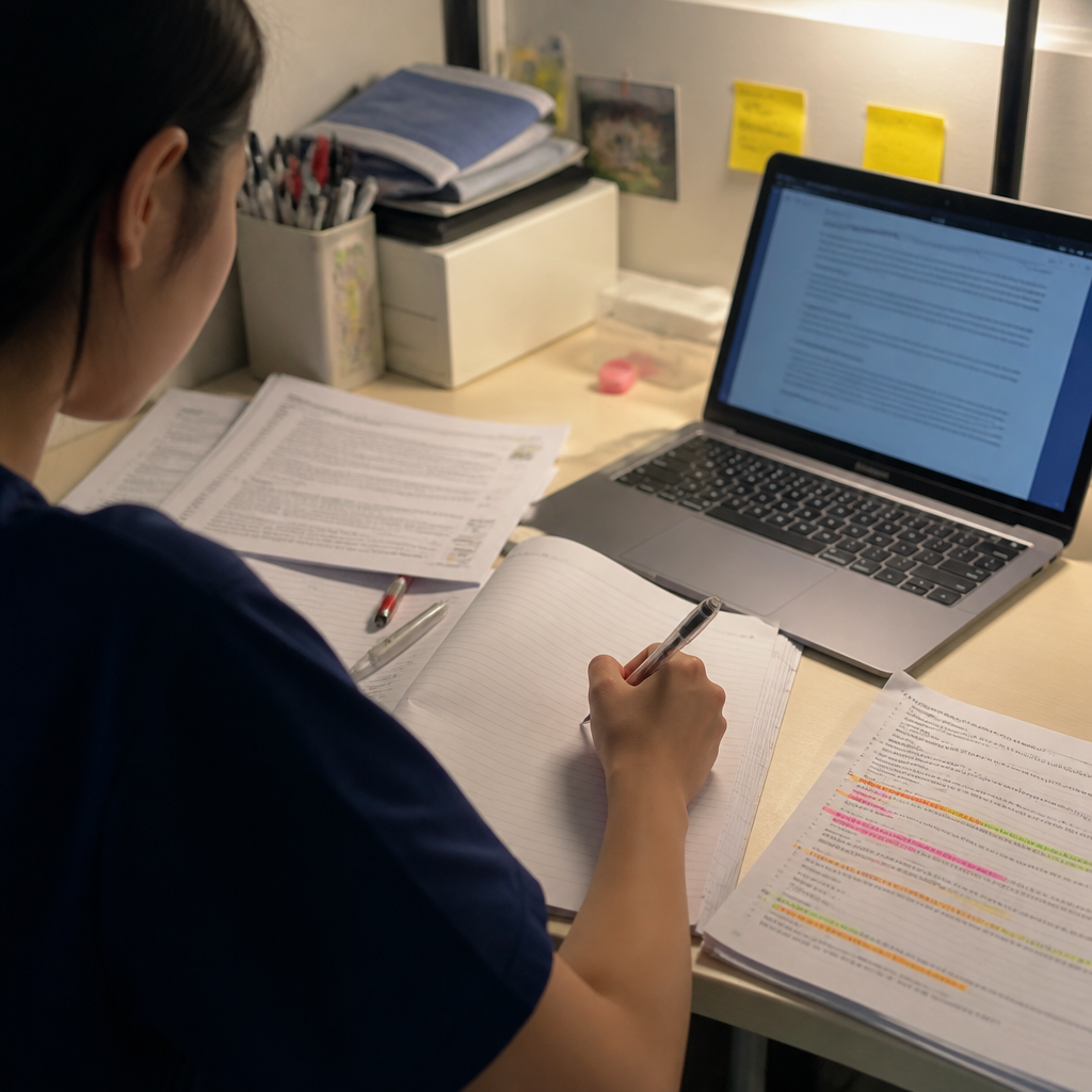 A Singapore student working through O Level English comprehension and editing practice at a study desk.