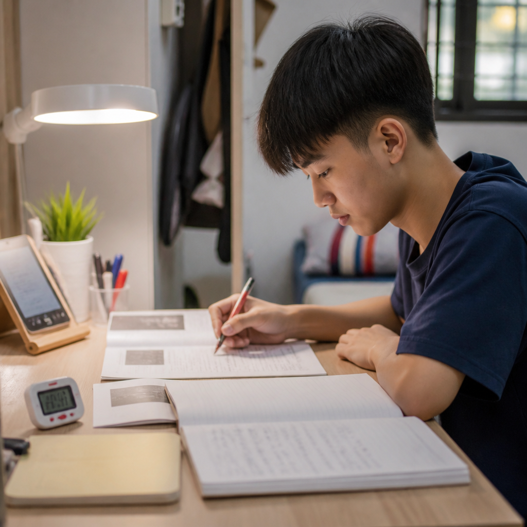 A secondary student revising O-Level English with comprehension practice, vocabulary notes, and speaking prep.