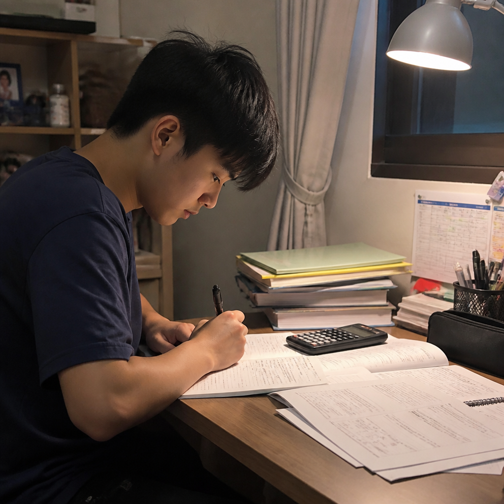A Singapore student revising at a desk while preparing for O Level or IGCSE.