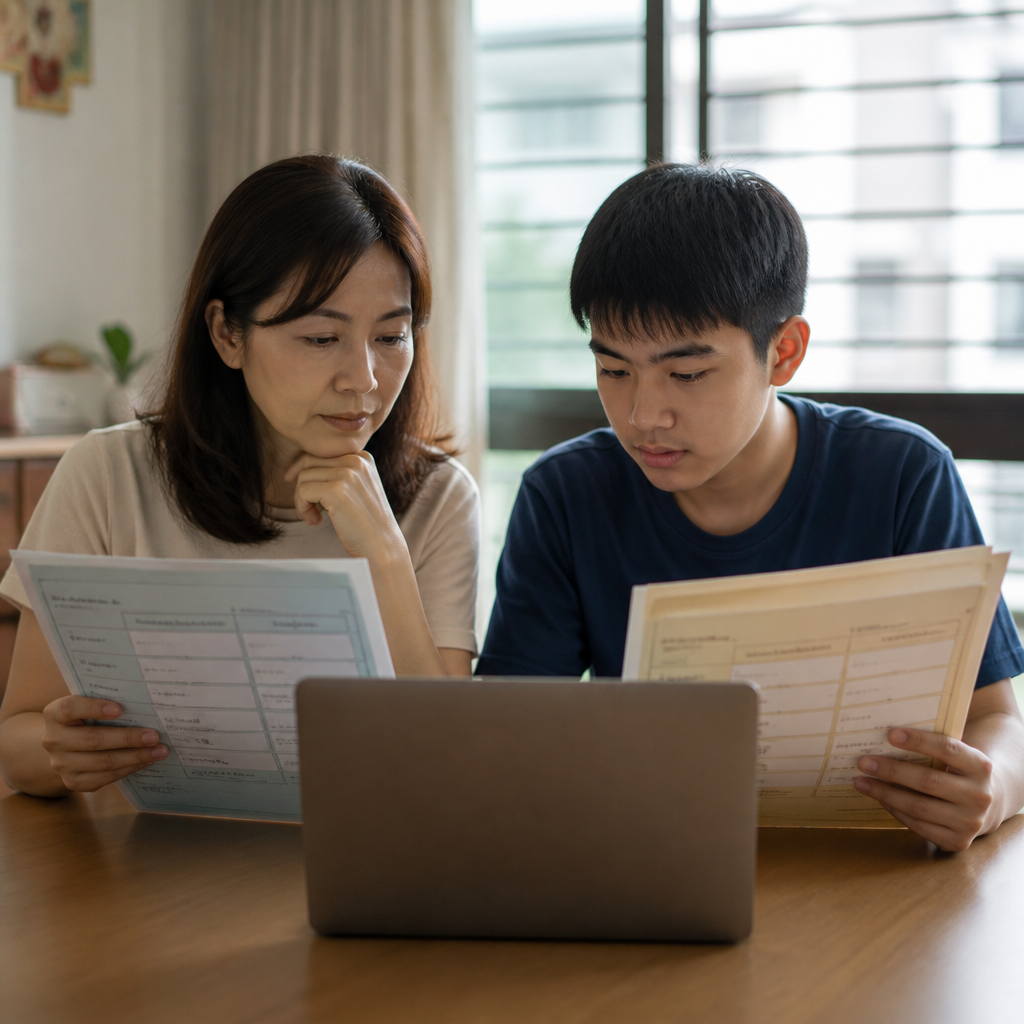 Singapore parent and child comparing IGCSE and O Level pathways at home.
