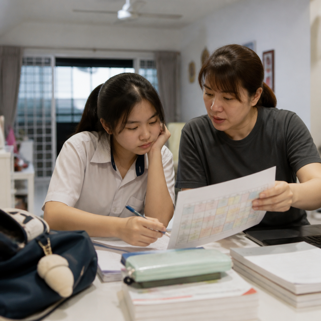 A Singapore student and parent reviewing a packed timetable, illustrating how tuition can fit into a sustainable weekly routine.