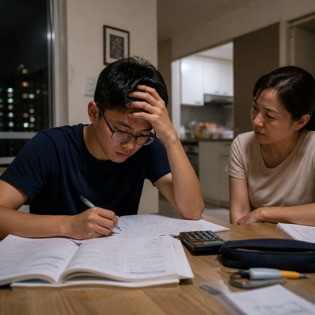 A Singapore secondary school student struggling with Physics homework at home while a parent offers support.