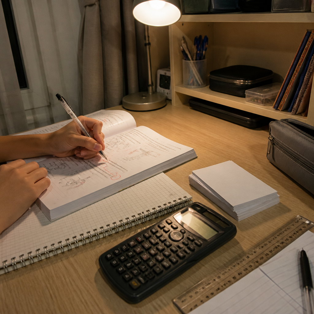 A focused Physics study desk scene showing active revision for Secondary school exam preparation.