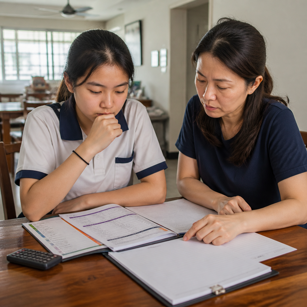 A parent and secondary school student reviewing subject selection options for POA in Singapore.