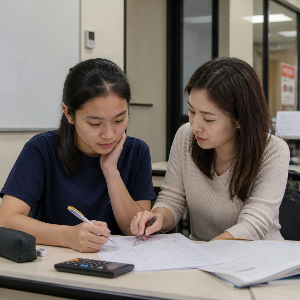 A tutor helping a secondary school student with POA exam practice in Singapore.