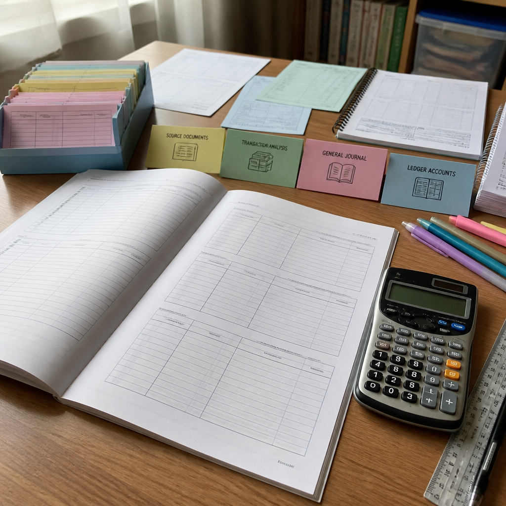 A secondary school POA revision desk with ledger grids, source documents, and a calculator.