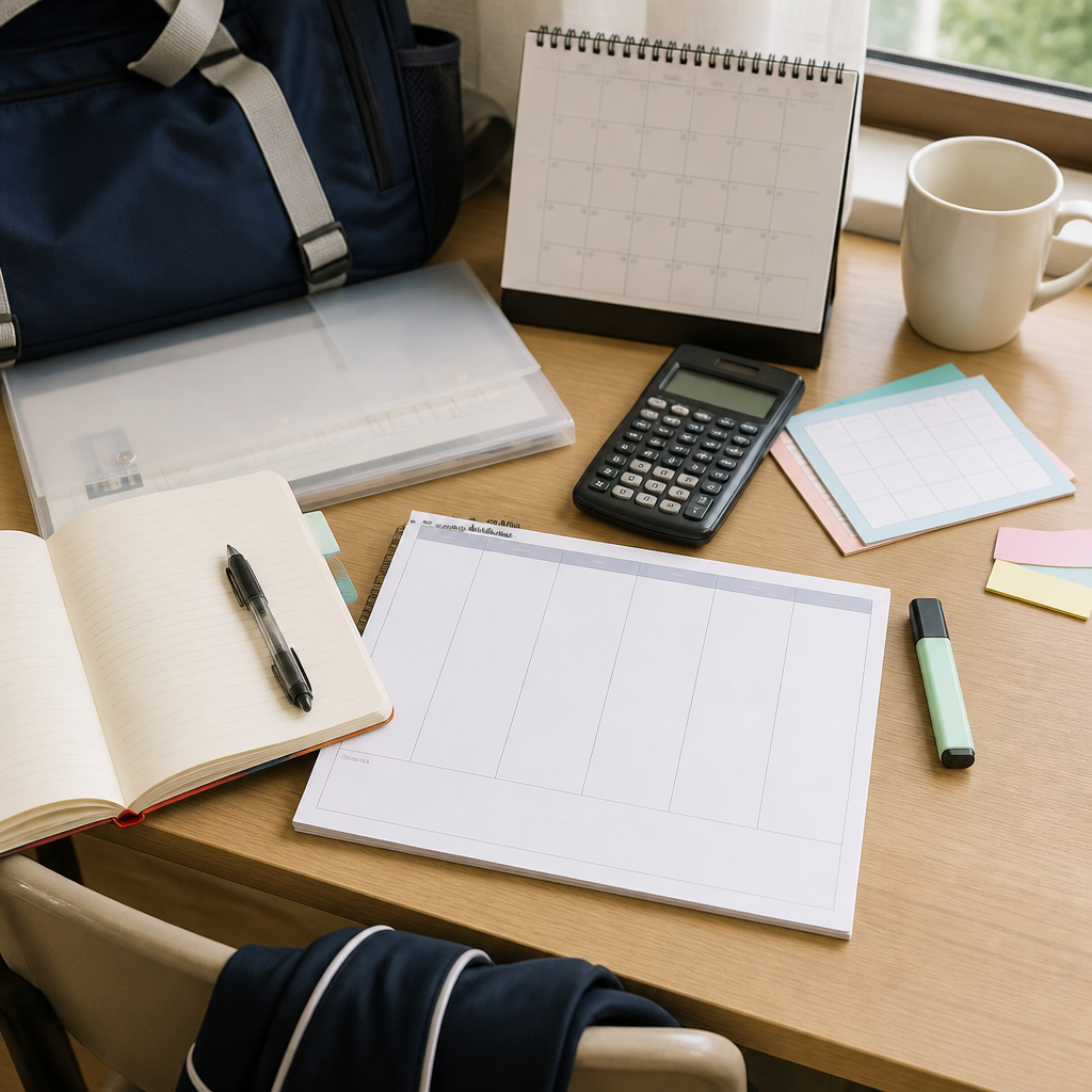 A student weekly planning setup showing how to manage time as a student in Singapore with a planner and school materials.