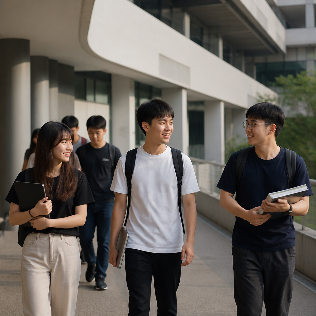 Students walk through a Singapore polytechnic campus, highlighting the next steps after a diploma.