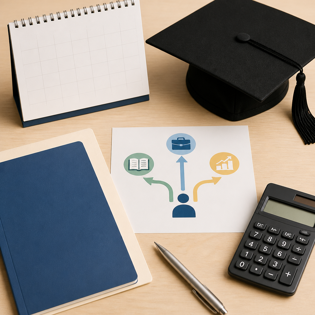 A conceptual still life showing the main pathways after a diploma in Singapore.