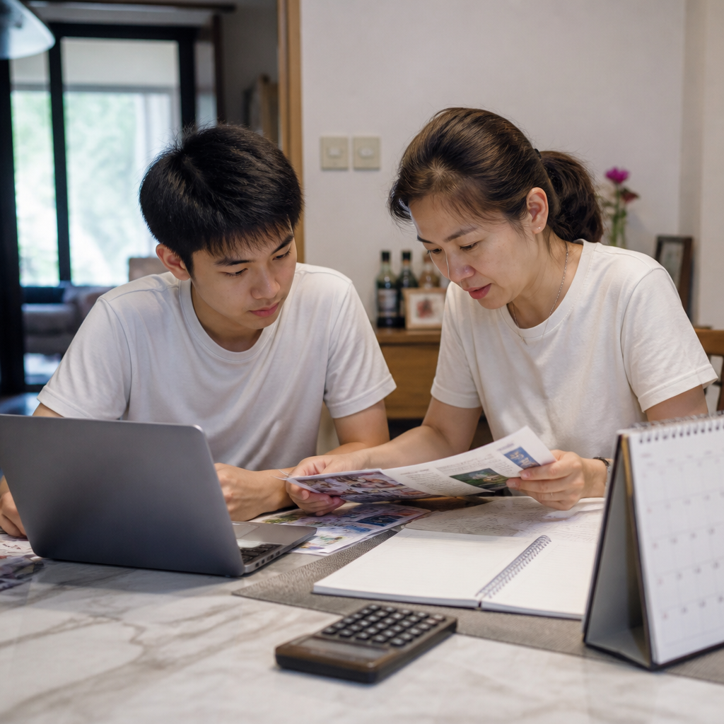 A Singapore parent and teen reviewing different university pathways and timelines at home.