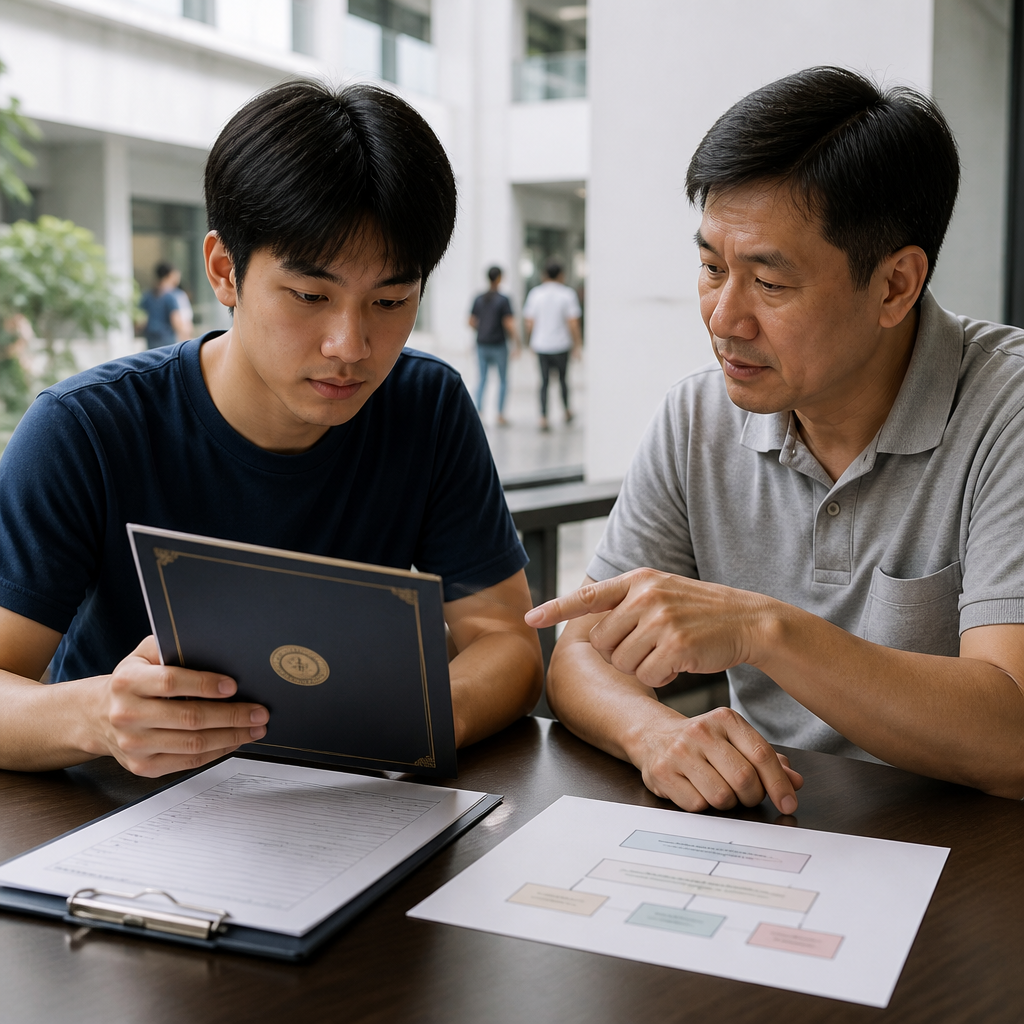 A student and parent compare diploma exemptions and degree pathways in Singapore university planning.” style=