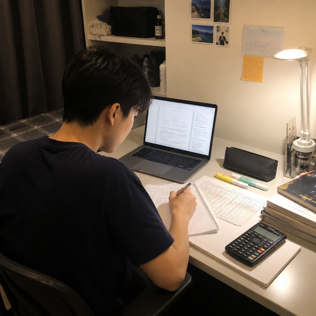A university student studies at a desk while adjusting to a heavier course load in Singapore.” style=