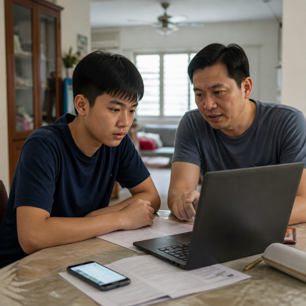 A parent and student reviewing poly course appeal options at home after posting results.