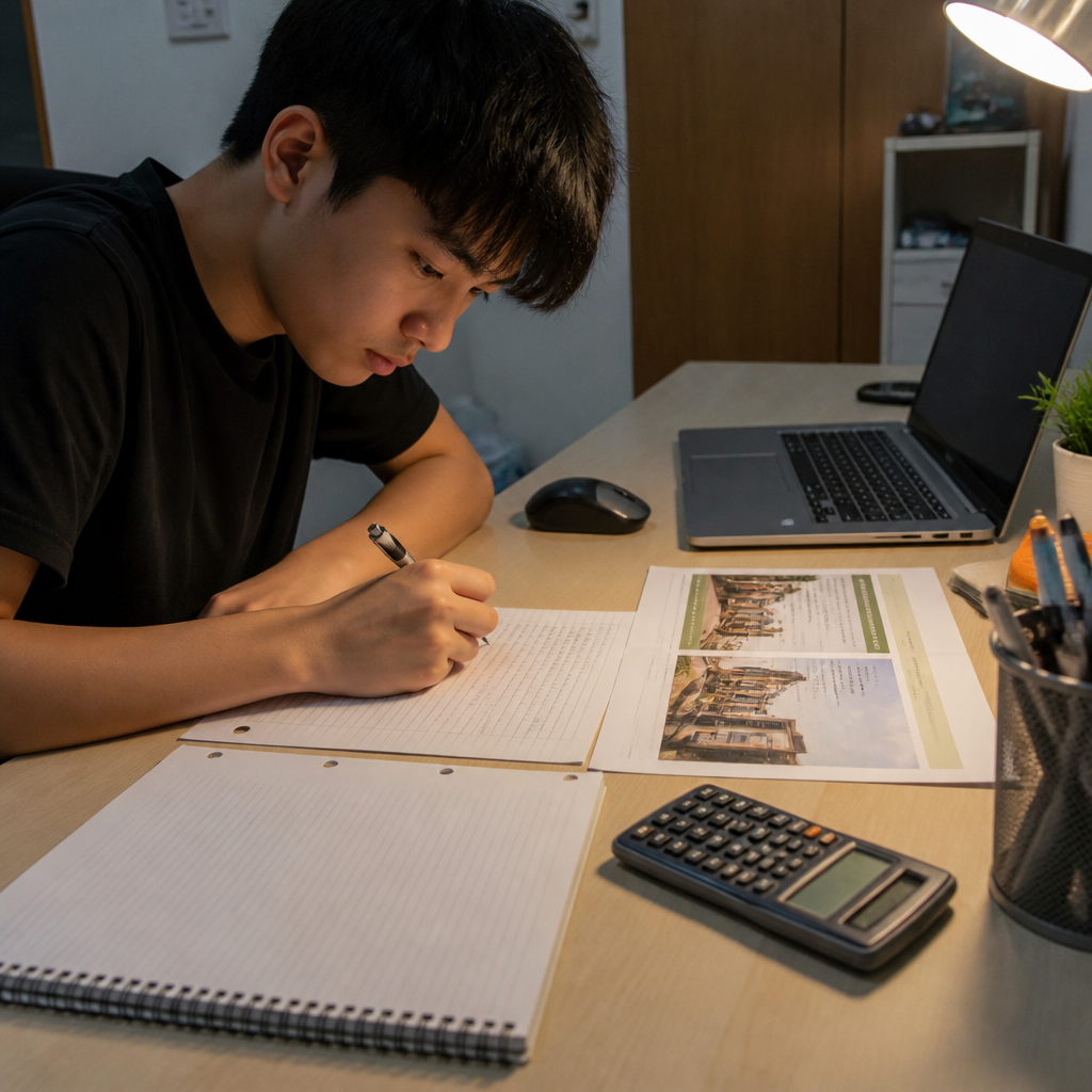 A student drafting a short polytechnic appeal letter at a study desk.