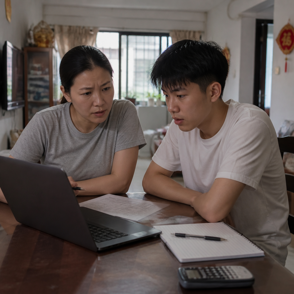 A Singapore parent and polytechnic student reviewing GPA results together at home.