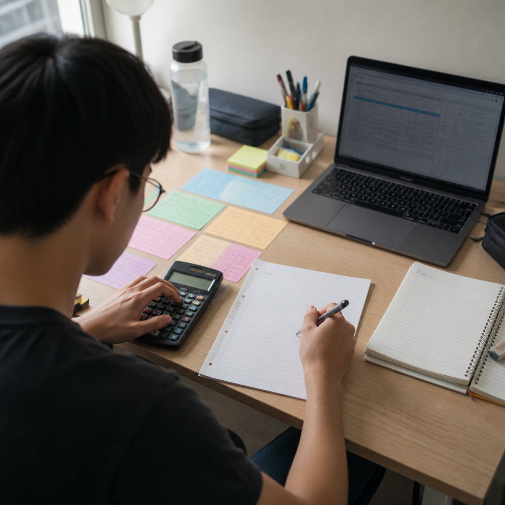 A student calculating poly GPA with a calculator and module notes at a study desk.