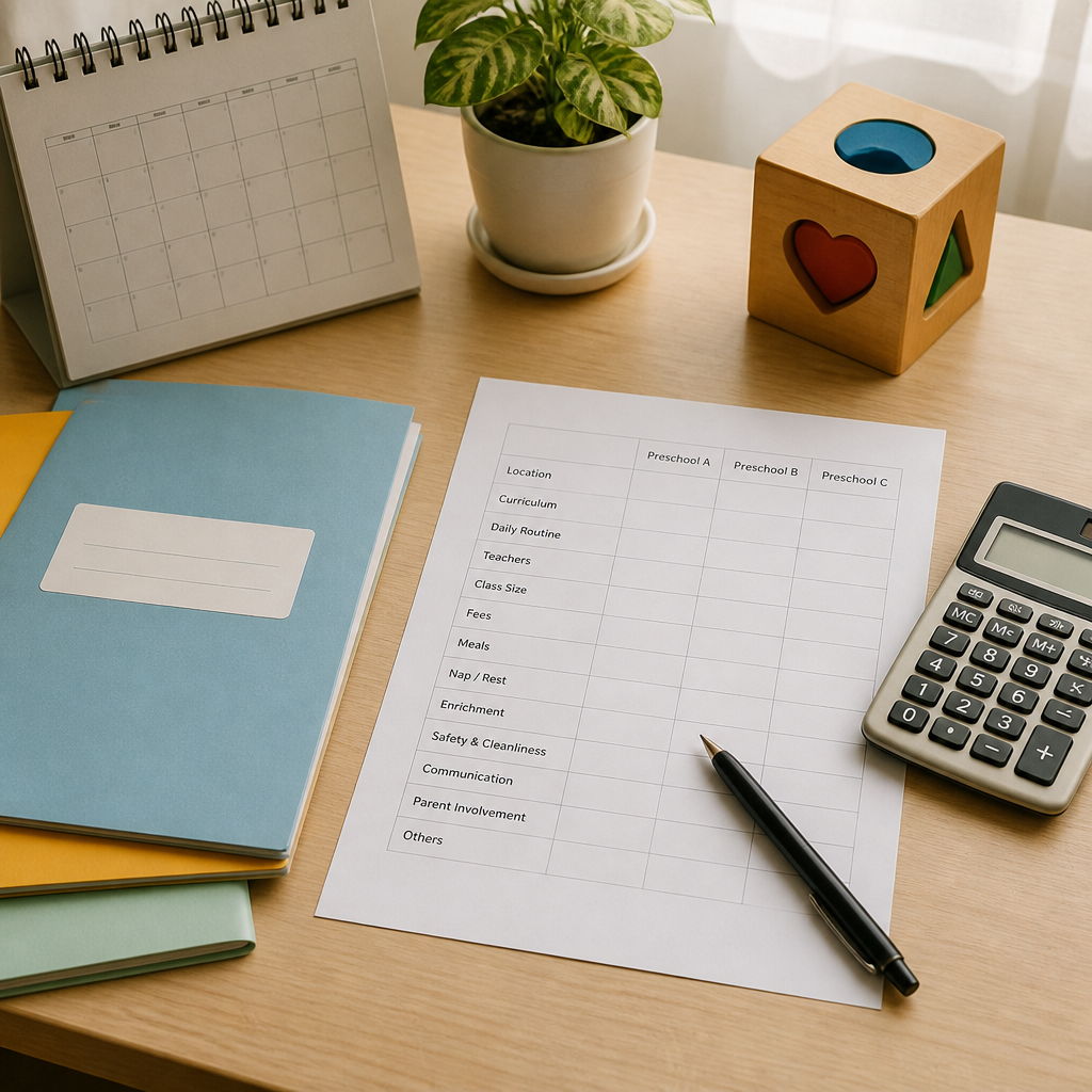 A preschool comparison checklist and planning materials for Singapore parents weighing different options.