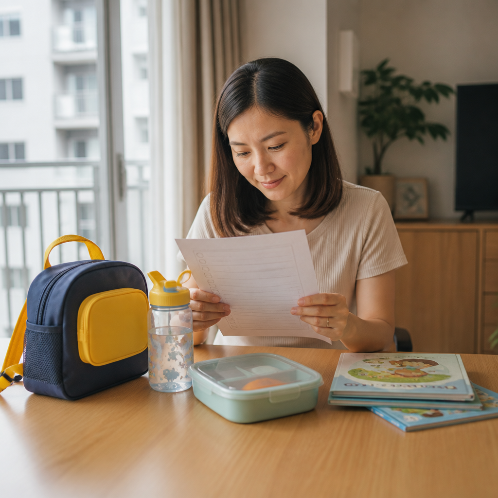 A Singapore parent reviews preschool readiness basics at home beside a young child’s school items.