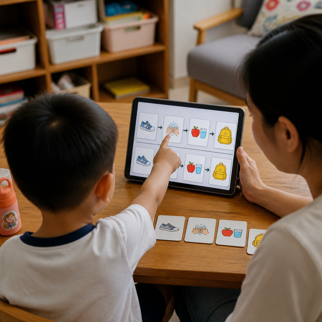 A parent and child practise preschool routines using simple visual prompts at home.