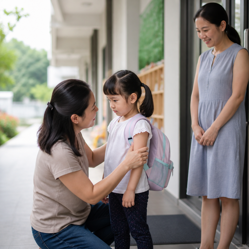 A child and parent at a preschool drop-off in Singapore, showing the emotional side of starting school.