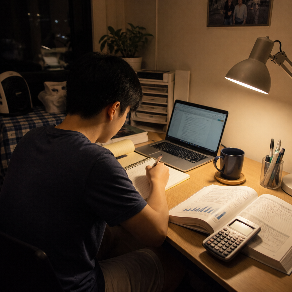 An adult learner studying at a desk while preparing for university-level coursework in Singapore.