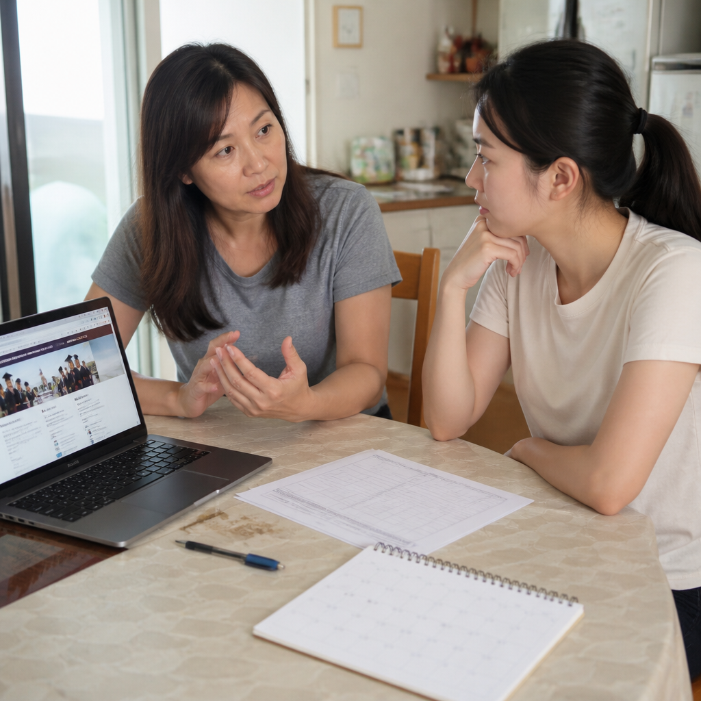 A parent and student reviewing university application materials and deadlines in Singapore.
