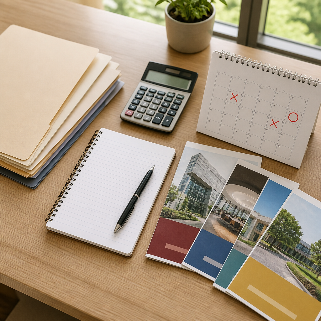 A university application planning desk with folders, calculator, and calendar for comparing course duration and cost.