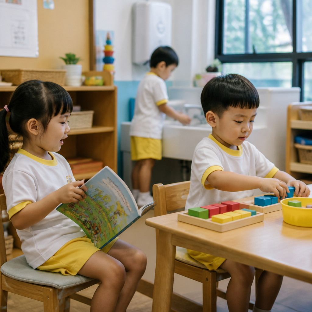 Singapore preschool children learning through story time, counting play and daily routines.