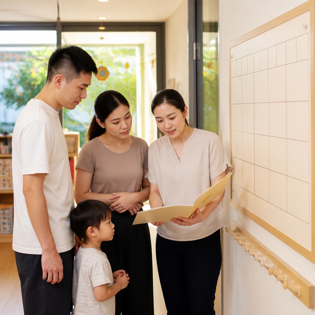 A parent and child discussing daycare fit during a trial visit at a Singapore childcare centre.