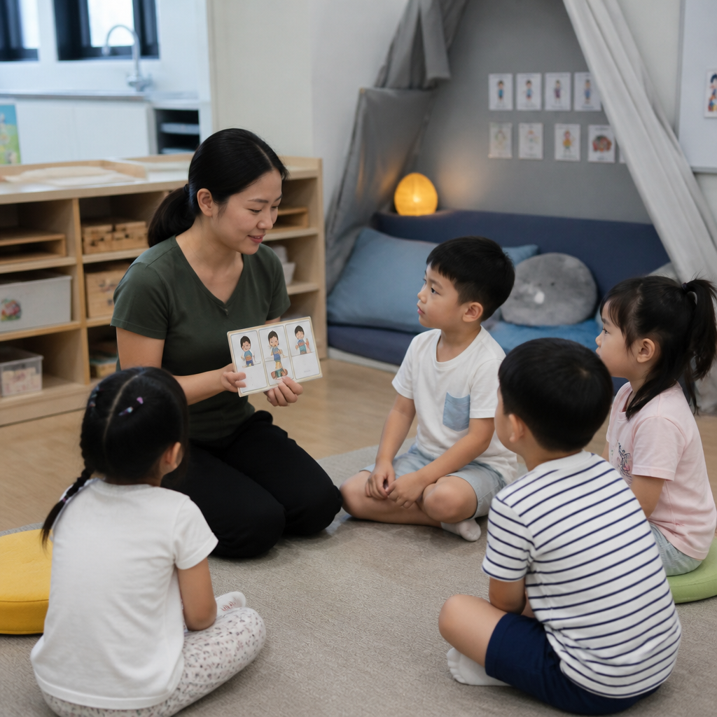 A childcare classroom showing inclusive daycare support with calm routines and teacher guidance.