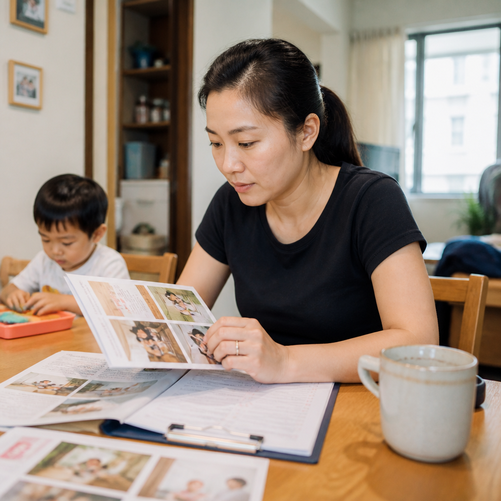 A Singapore parent compares inclusive daycare options at home with a child nearby.