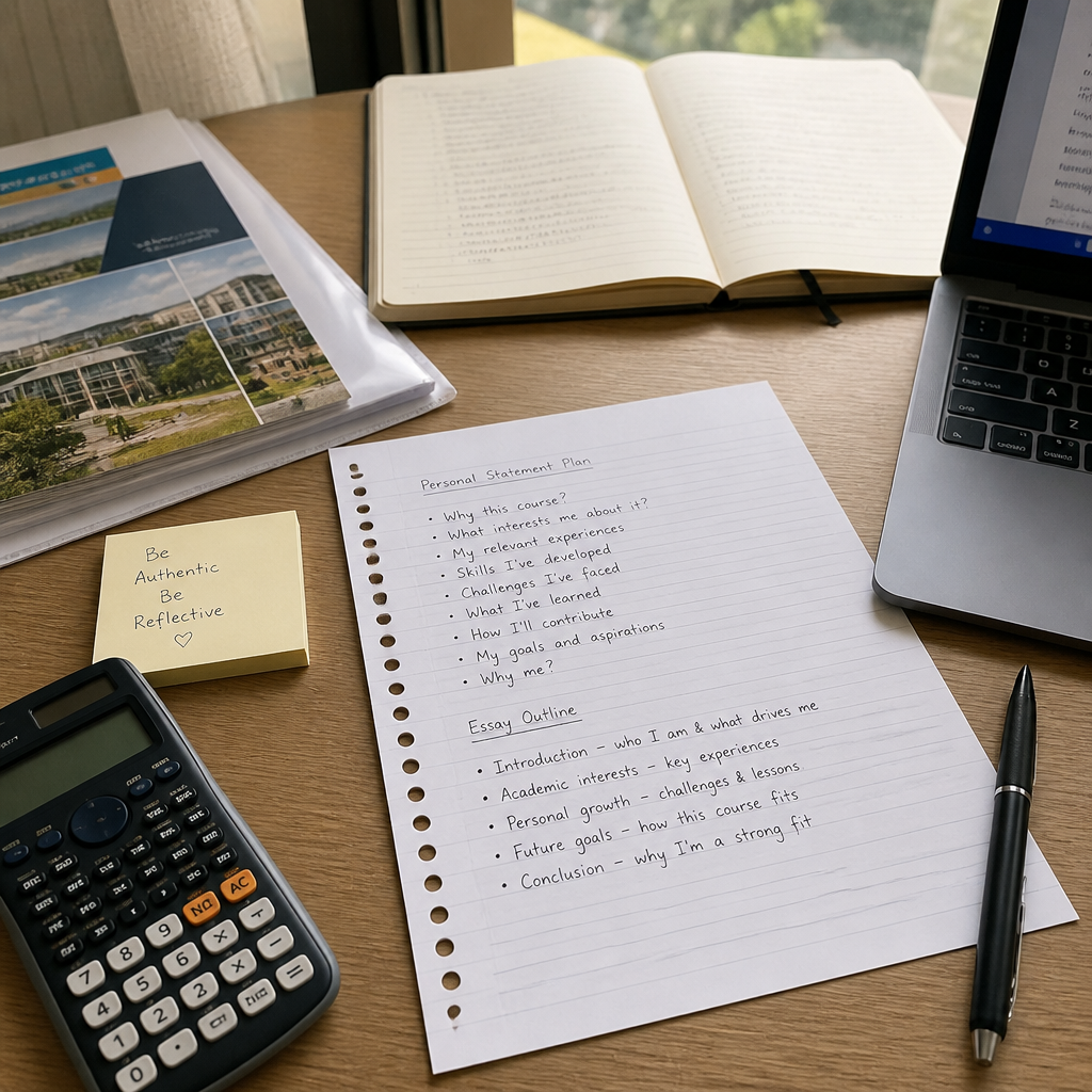 A study desk with notes and folders for planning a strong university personal statement.