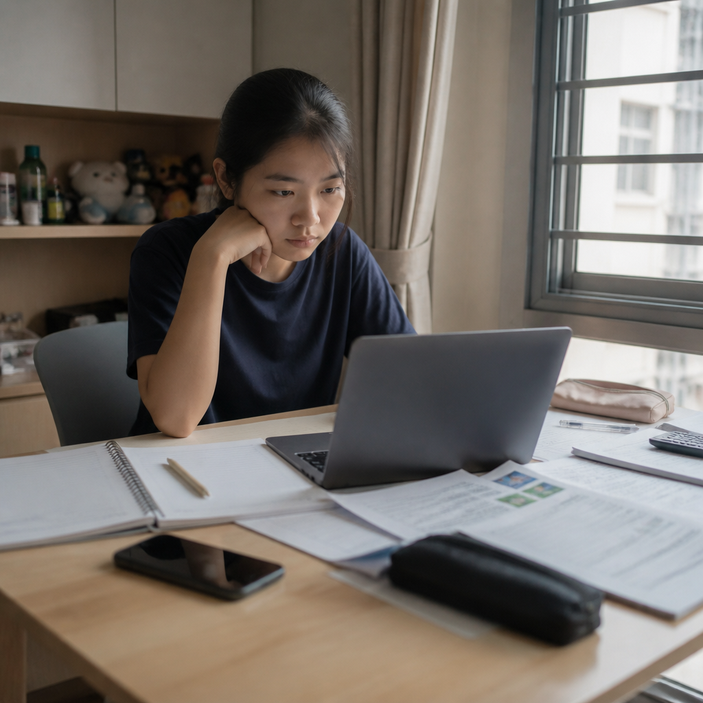 A Singapore student struggles to begin a personal statement for university at a home study desk.