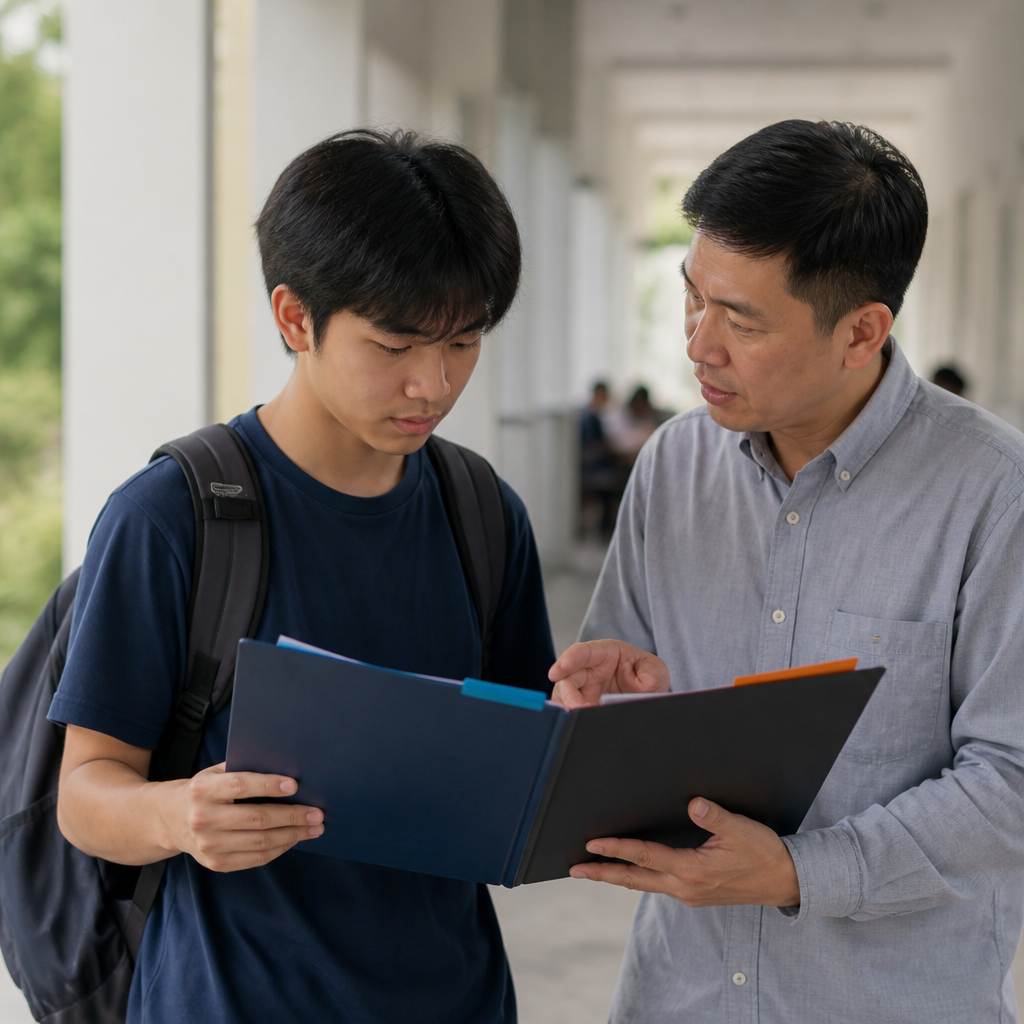 A student and mentor reviewing next-step options after improving a student CV in Singapore.