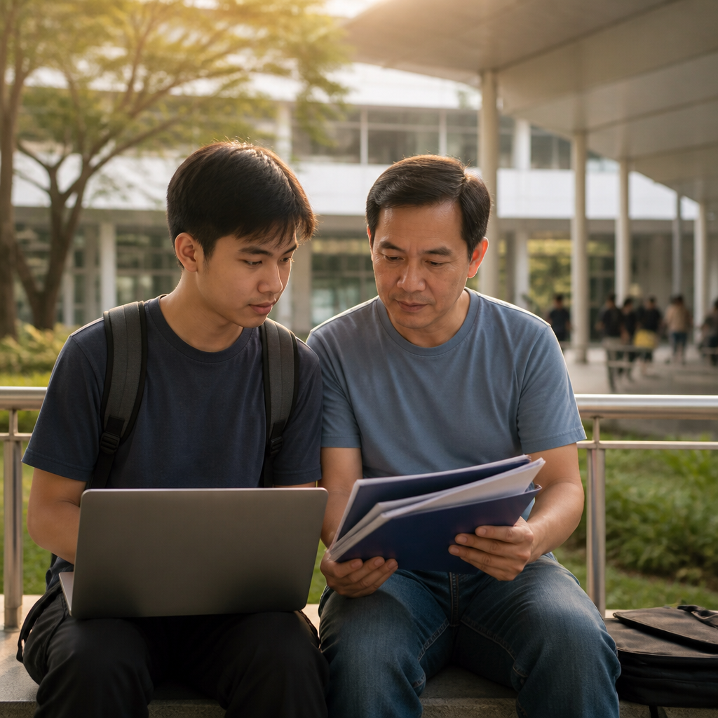 A student and parent review university application choices on a Singapore campus.