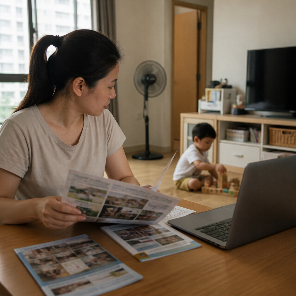 A Singapore parent reviews daycare options while a toddler plays nearby, reflecting concern about daycare curriculum.