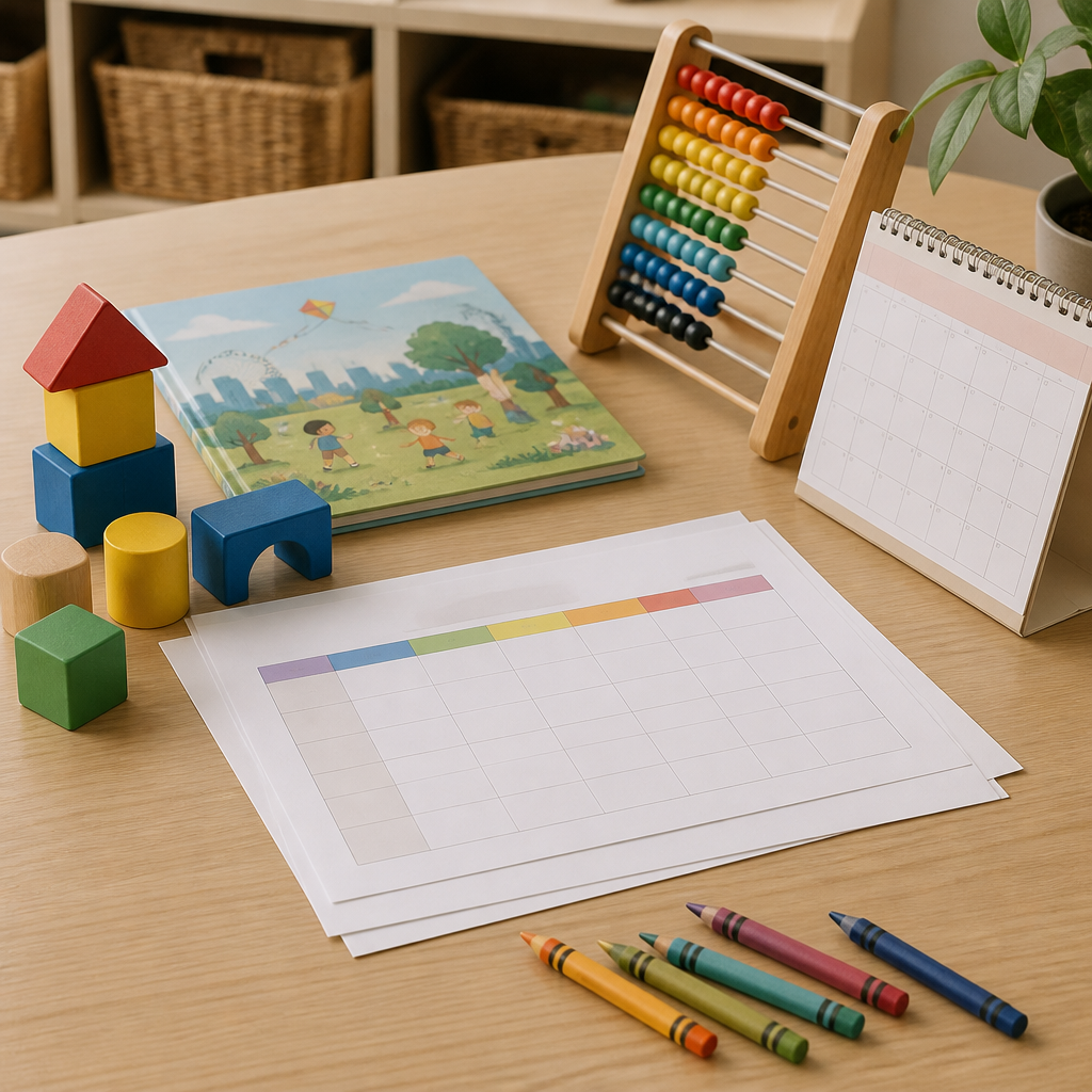 A balanced still life representing daycare curriculum, play-based learning, and age-appropriate development in Singapore.