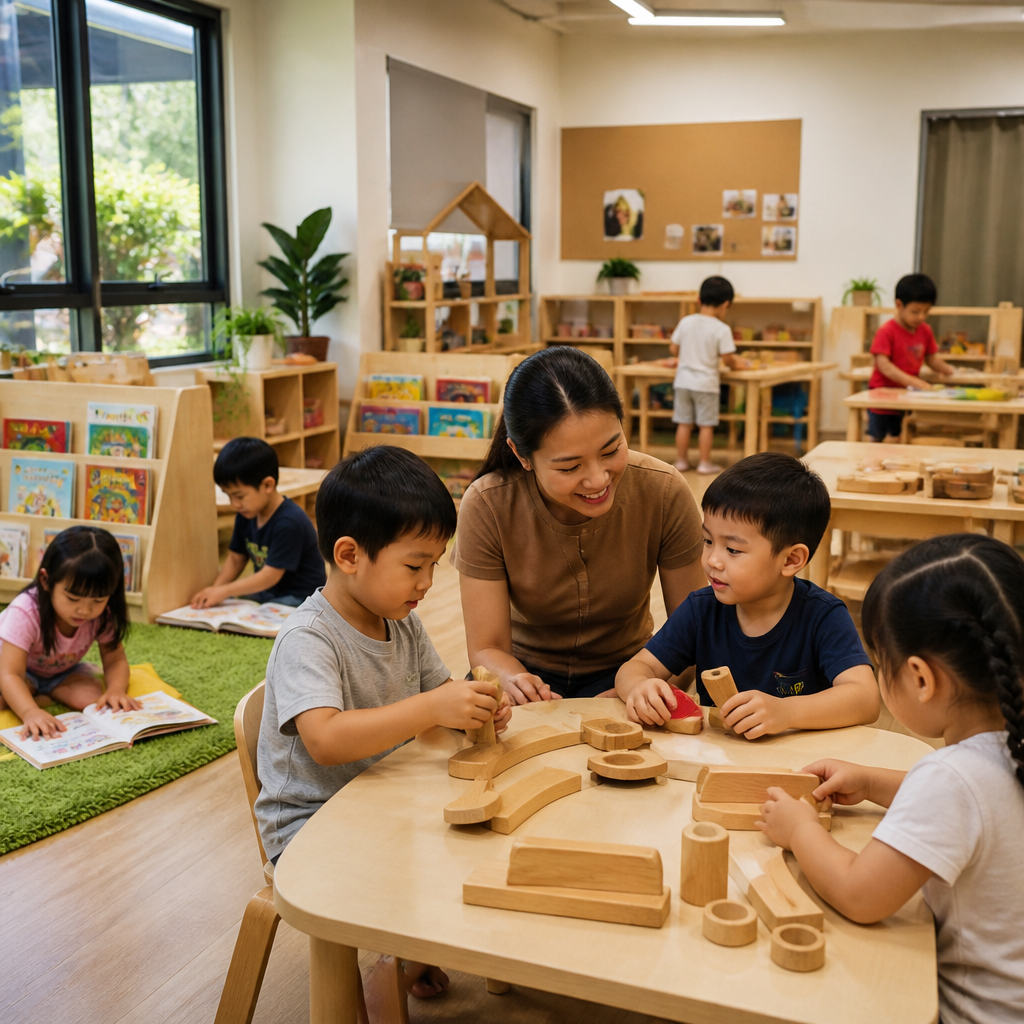 A Singapore childcare classroom shows children learning through play in a well-designed preschool curriculum.
