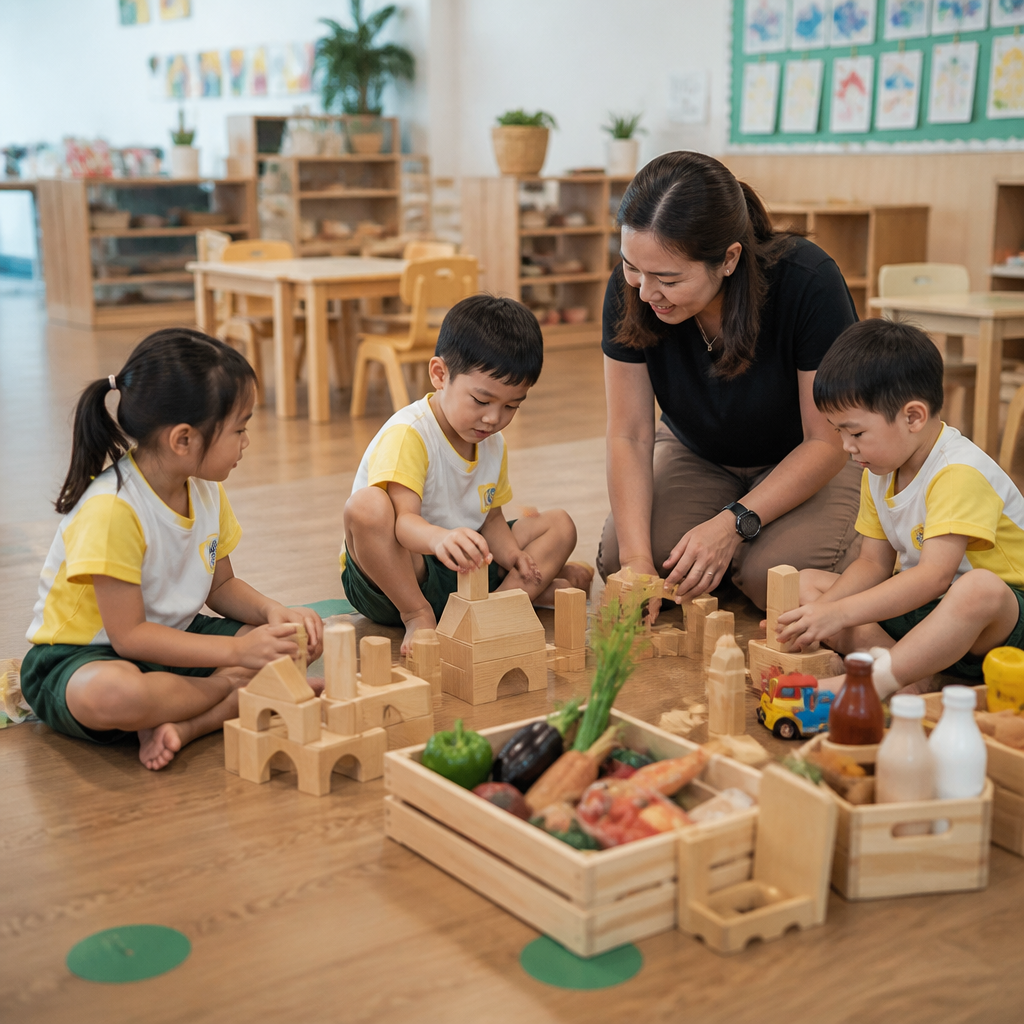 A play-based preschool classroom in Singapore where children learn through guided hands-on activities.