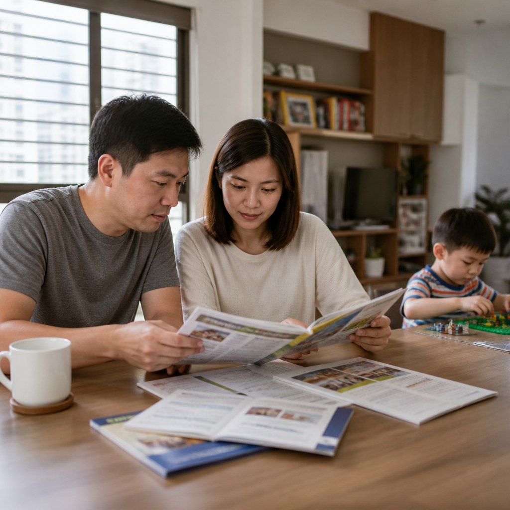 Singapore parents comparing preschool curriculum options at home while considering their child’s mood and confidence.