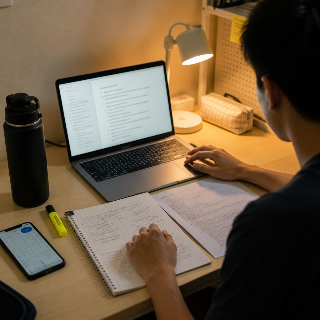 A student edits CV bullet points at a study desk while matching experience to a job or internship.