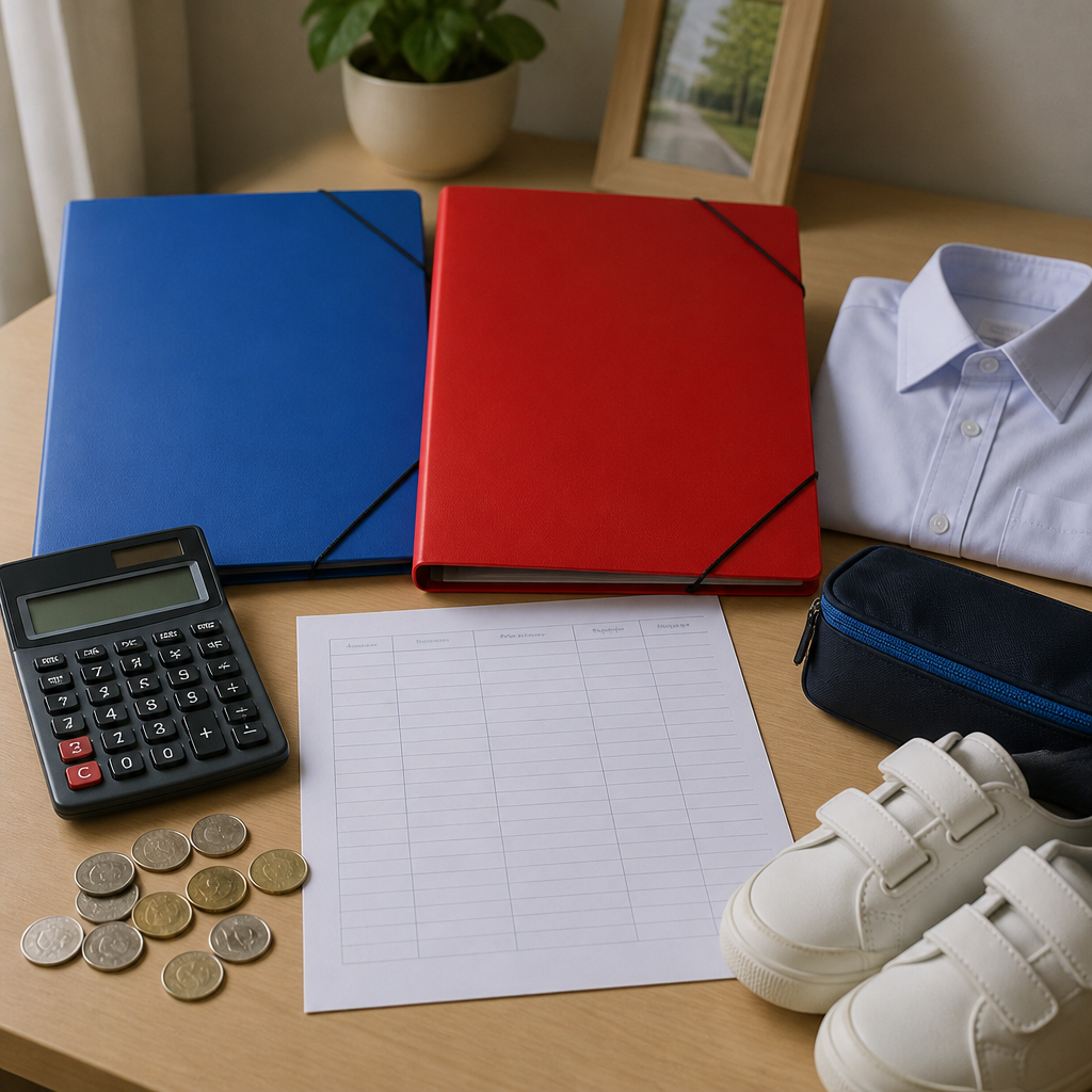 A budgeting still life showing that primary school fees can differ by student type and monthly costs.