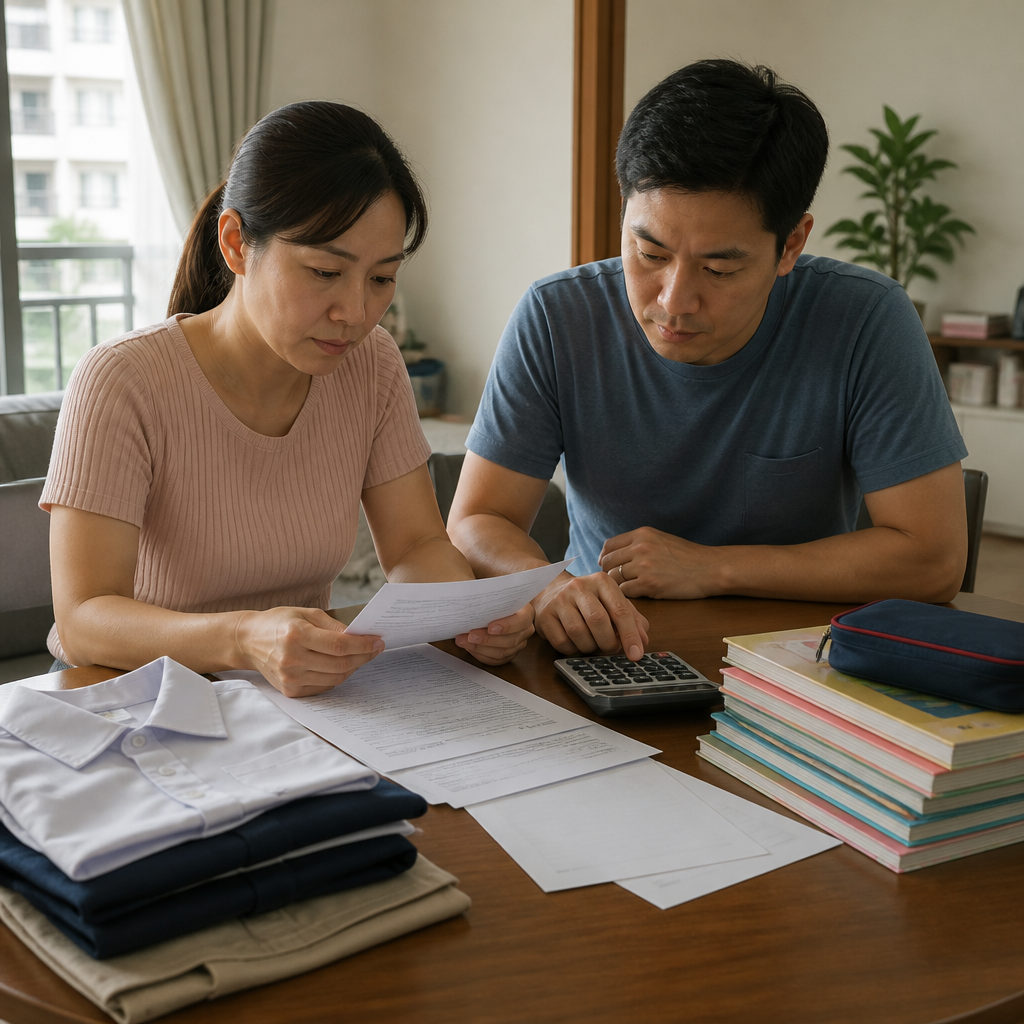Singapore parents reviewing primary school fees and related costs at home before Primary 1 begins.