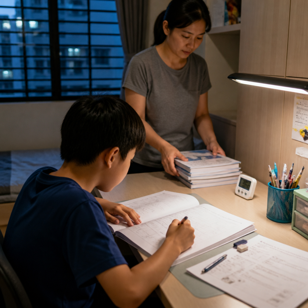 A Primary 5 or Primary 6 student revising at a study desk, showing how tuition and extra practice can affect the budget.