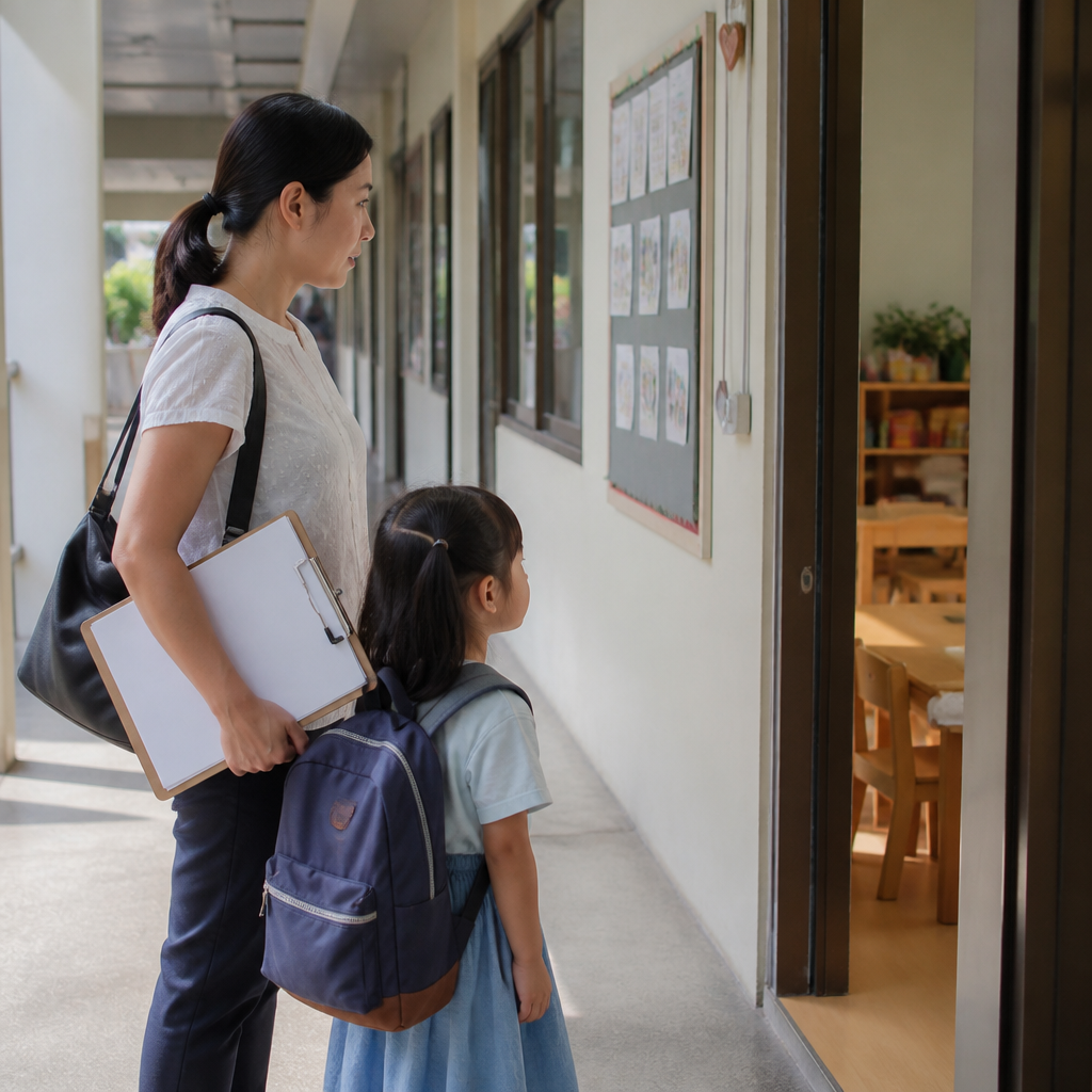 A Singapore parent and child considering the best early childhood education programme.