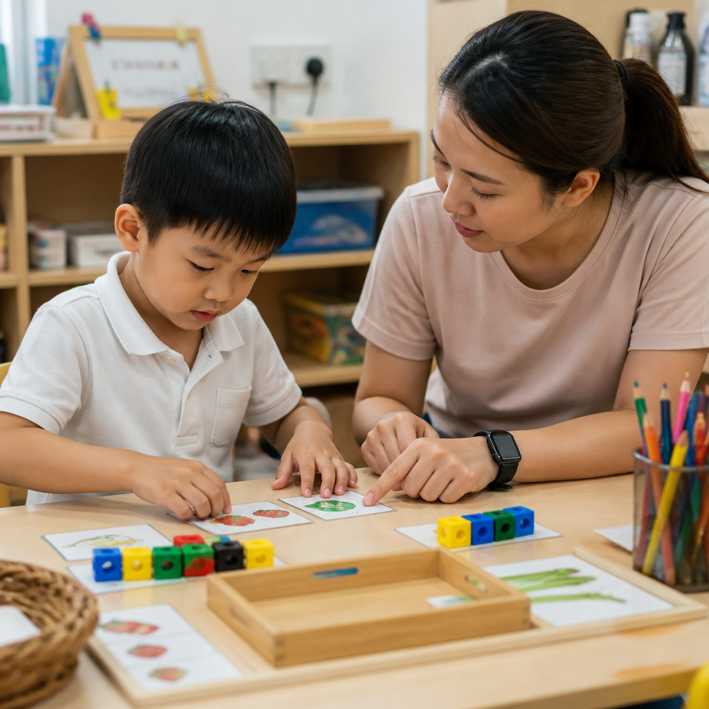 A child working on early learning activities in a Singapore preschool classroom.
